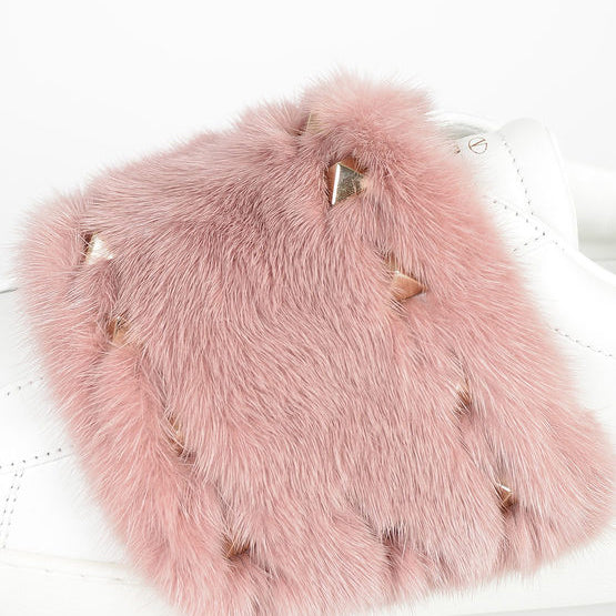 VALENTINO Garavani White Leather Pink Mink Fur Sneakers With Studs
