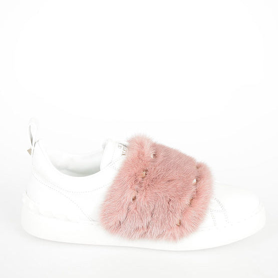 VALENTINO Garavani White Leather Pink Mink Fur Sneakers With Studs